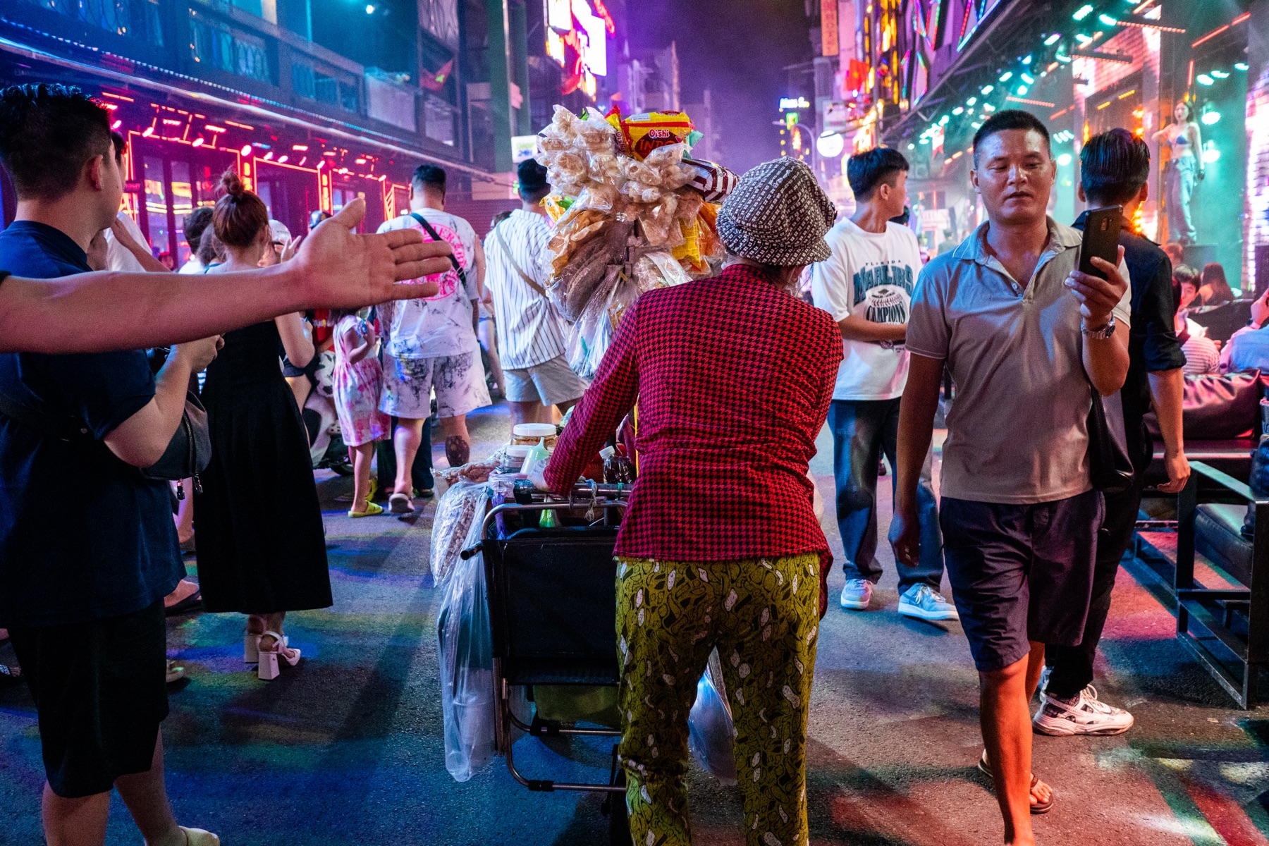 Vibrant night street scene in Vietnam